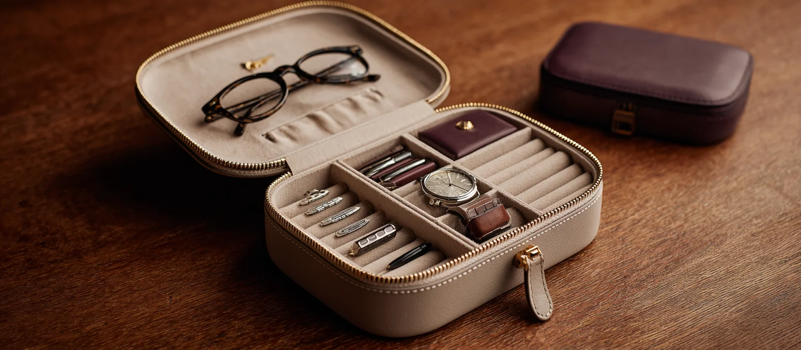 A cream small leather jewelry box containing gold accessories and pearl earrings, a compact jewelry display box for travel, different from bulky wholesale displays for jewelry.